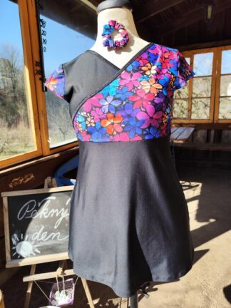 květinová louka s černou tunika s nanočásticemi stříbra, mini rukáv, vel.40, jediný kus