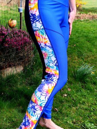 legíny modré s pestrými pruhy široký pas, vel. 44/46